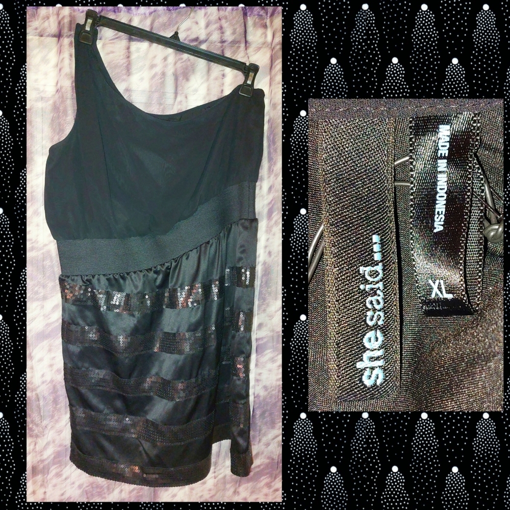 She Said... brand Black 1 Shoulder Woven Satin Dress w/Sequin Skirt Sz XL(14/16)